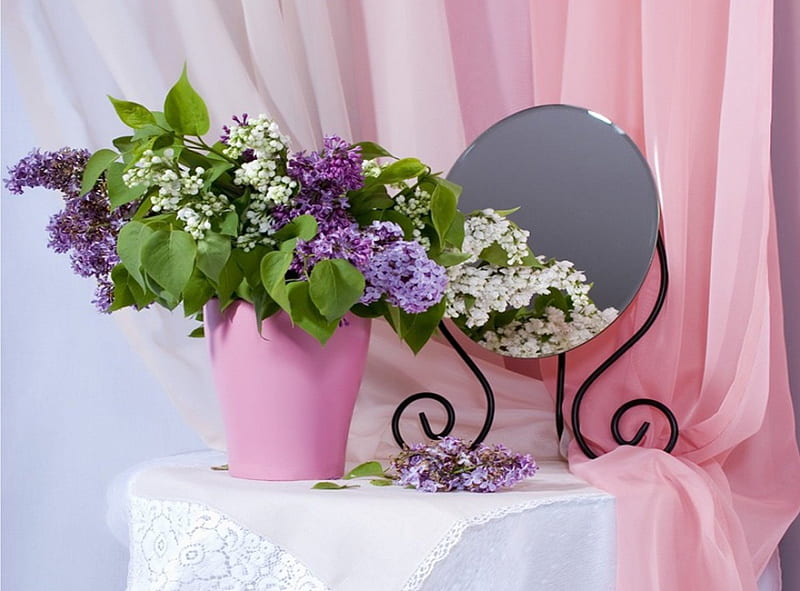 Lilacs for AdeleG , still life, flowers, mirror, lilacs, HD wallpaper