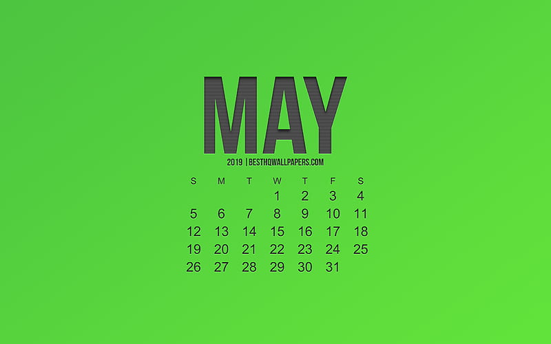 2019 May calendar, green background, spring, 2019 calendars, stylish art, calendar for 2019 May, HD wallpaper