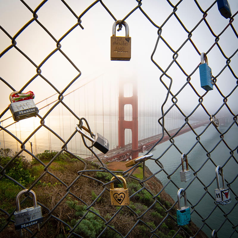 fence, mesh, lock, bridge, fog, view, HD phone wallpaper