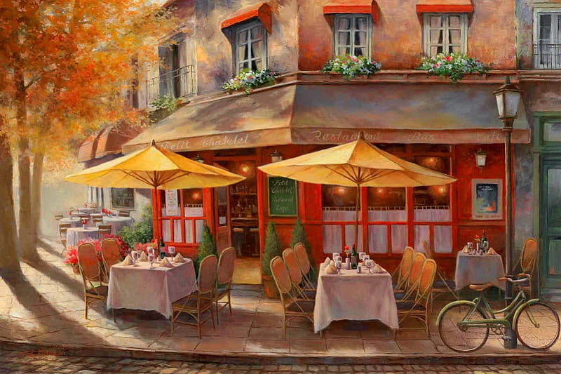 Pretty cafe, pretty, cafe, eatery, bonito, nice, calm, painting, chairs, street, umbrellas, quiet, tables, lovely, town, pleasant, coffee, summer, rastaurant, HD wallpaper
