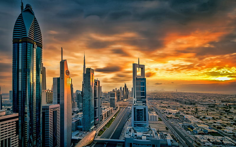 Dubai, UAE, evening, sunset, beautiful sky, skyscrapers, modern metropolis, business centers, HD wallpaper