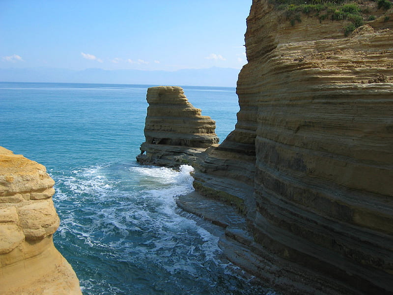 Cape Drastis, Corfu, rocks, cape, waves, sea, blue, HD wallpaper