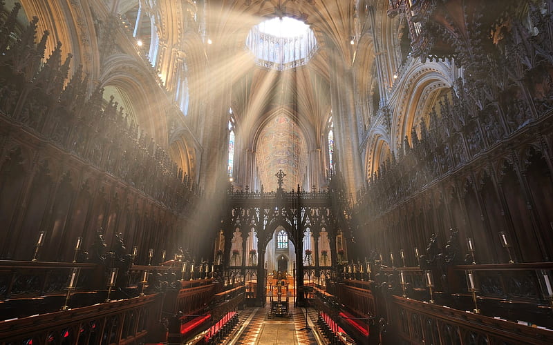 Sunrays in Cathedral, sunbeams, church, England, Cathedral, interior, HD wallpaper