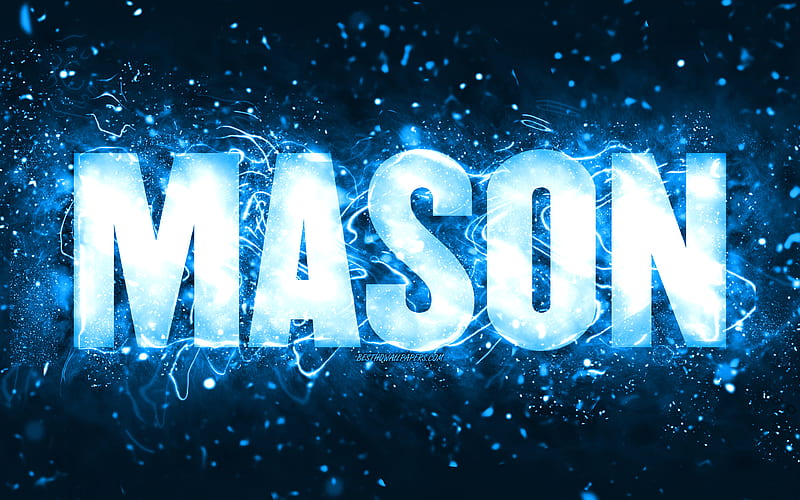 Happy Birtay Mason blue neon lights, Mason name, creative, Mason Happy Birtay, Mason Birtay, popular american male names, with Mason name, Mason, HD wallpaper