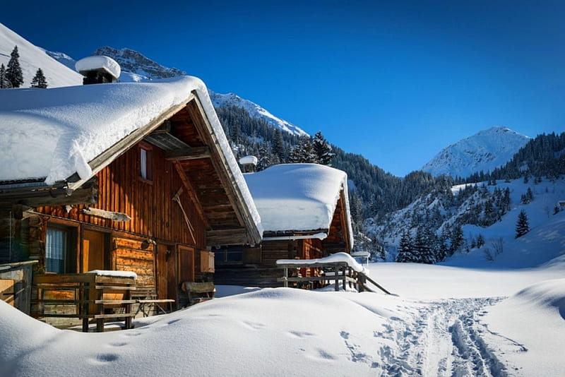 Ski chalets, cottages, cabin, bonito, mountain, nice, calm, chalets, hills, quiet, lovely, houses, sky, ski, winter, serenity, snow, slope, peaceful, day, wooden, HD wallpaper