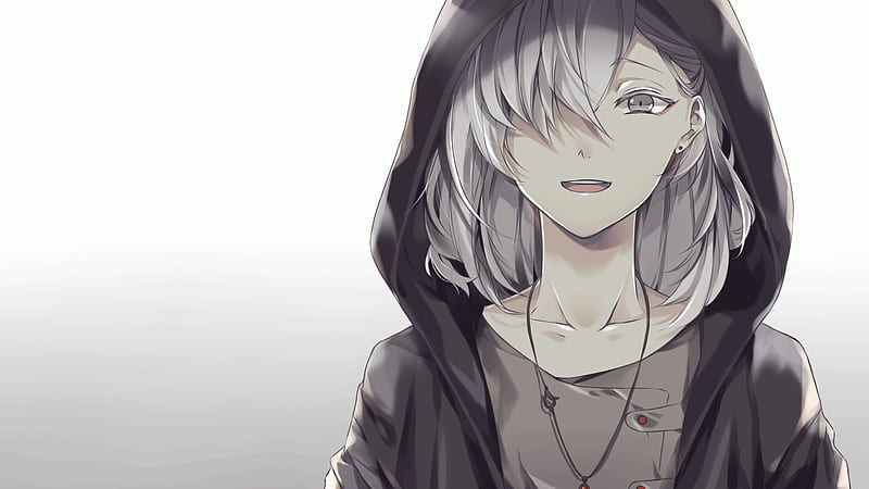 Anime boy, white hair, hoodie, smiling, necklace, gray eyes, Anime, HD  wallpaper | Peakpx