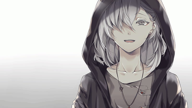 Anime boy, white hair, hoodie, smiling, necklace, gray eyes, Anime