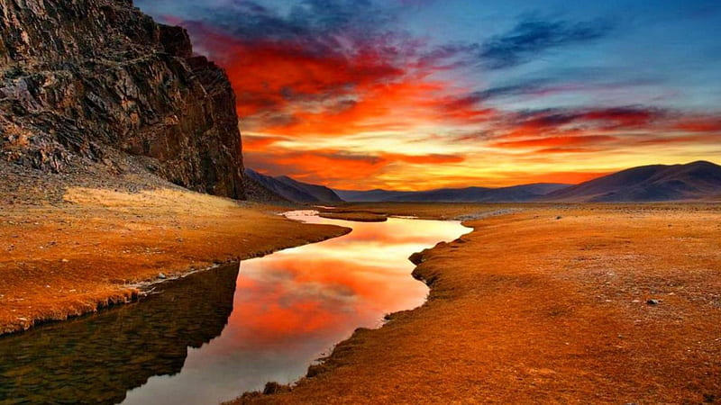 creek in the gobi desert r, mountain, desert, r, creek, sunset, HD wallpaper