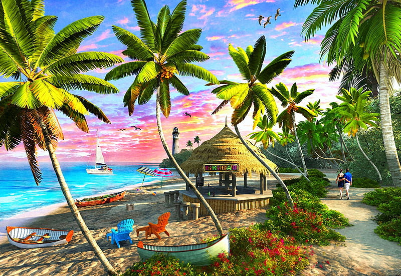 Paradise Sunset, beach, boats, bar, digital, sea, palms, artwork, HD wallpaper