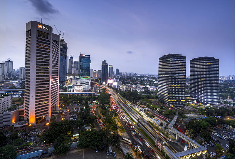 jakarta, indonesia, skyscrapers, modern architecture, time-lapse, urban, highway, City, HD wallpaper