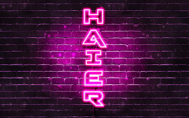 Haier purple logo, vertical text, purple brickwall, Haier neon logo, creative, Haier logo, artwork, Haier, HD wallpaper
