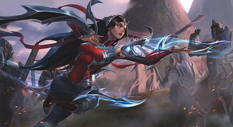Irelia, fantasy, game, blue, red, girl, mang qi, lol, HD wallpaper