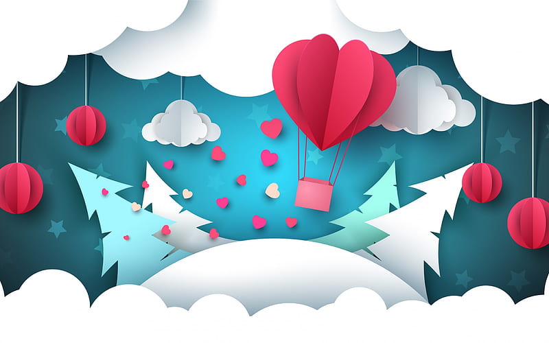 hot air balloon, heart, valentine, white, pink, blue, cloud, mountain, tree, texture, paper, HD wallpaper