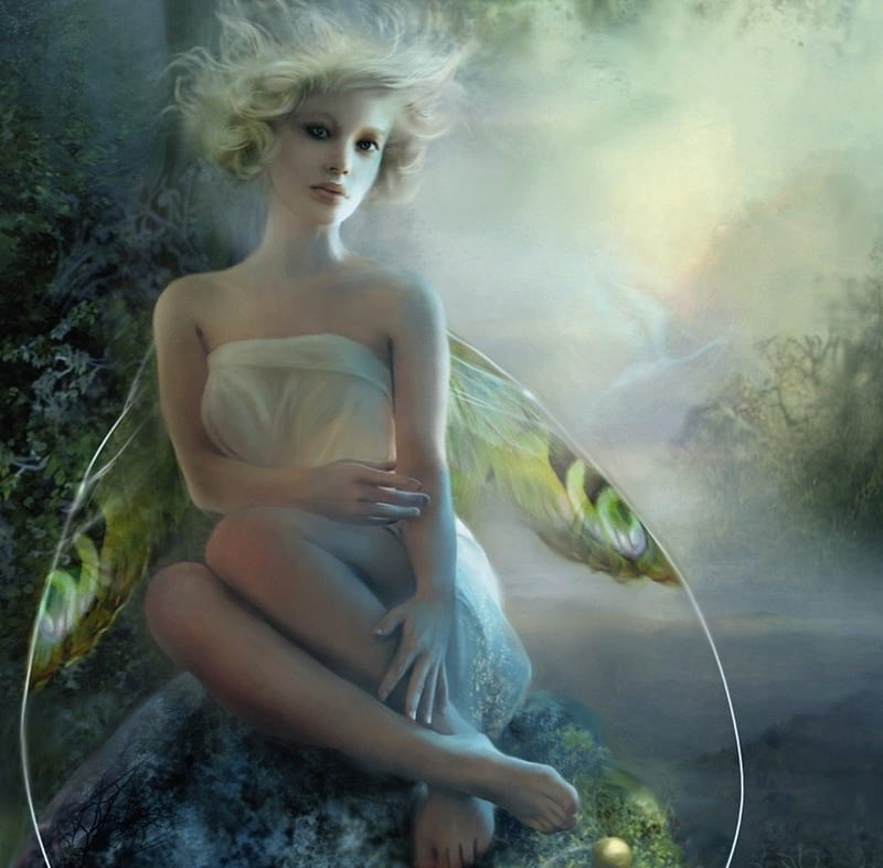 Fairy, art, wings, fantasy, luminos, bente schlick, green, girl, HD wallpaper