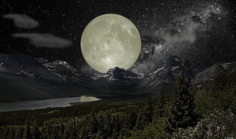 Big Sky Country, moon, Montana, mountains, Big moon , moon and sky, HD wallpaper