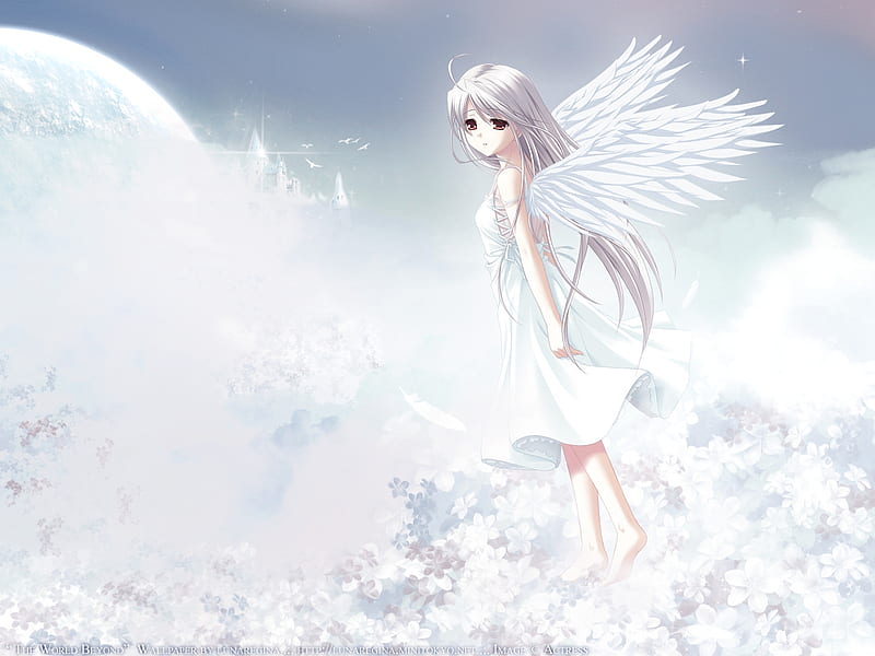 Going to Heaven, wings, white hair, angel, sky, brown eyes, cute, girl, anime, heaven, castle, long hair, HD wallpaper
