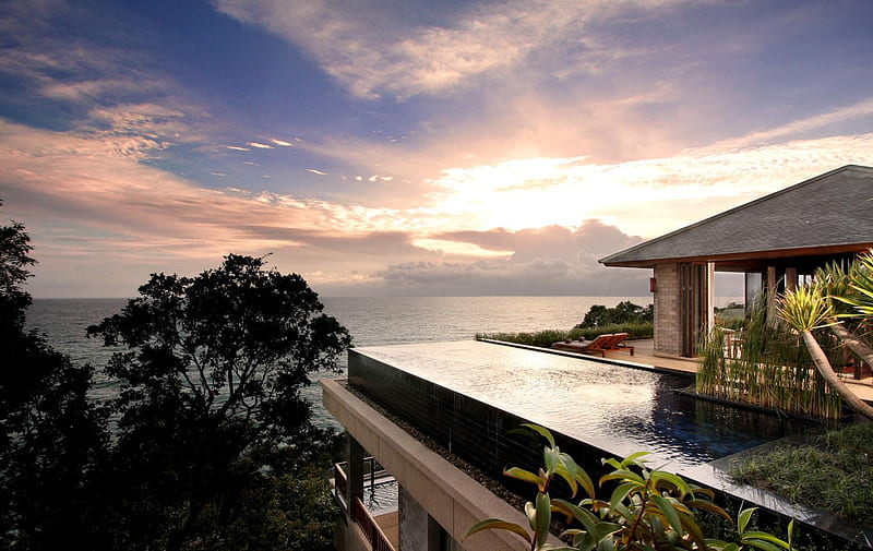 Beautiful view, architecture, pretty, house, sunset, clouds, modern, nice, lounge, calm, beauty, relaxation, luxury, harmony, veranda, lovely, romance, ocean, sky, trees, pool, panorama, water, cool, style, home, bonito, villa, sea, graphy, vacation, exotic, view, desenho, terrace, peaceful, HD wallpaper