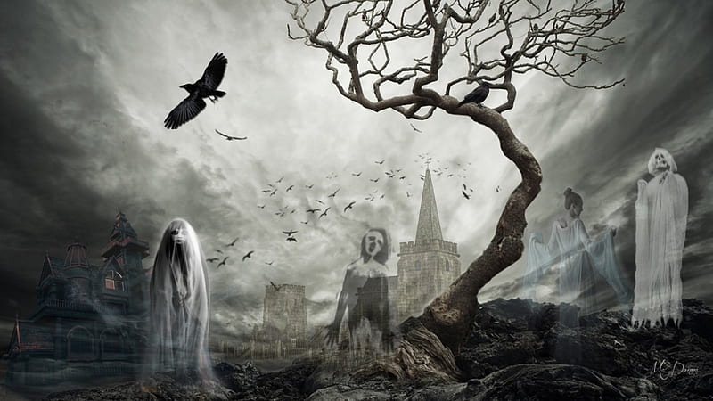 Centuries of Ghosts, raven, cemetery, haunted house, haunted, dead tree, tree, graves, ghosts, graveyard, crow, Halloween, castle, HD wallpaper