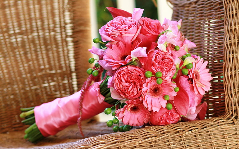 rose, wedding bouquet, flowers, pink roses, gerbera, pink bouquet, roses, ragevi bouquet, HD wallpaper