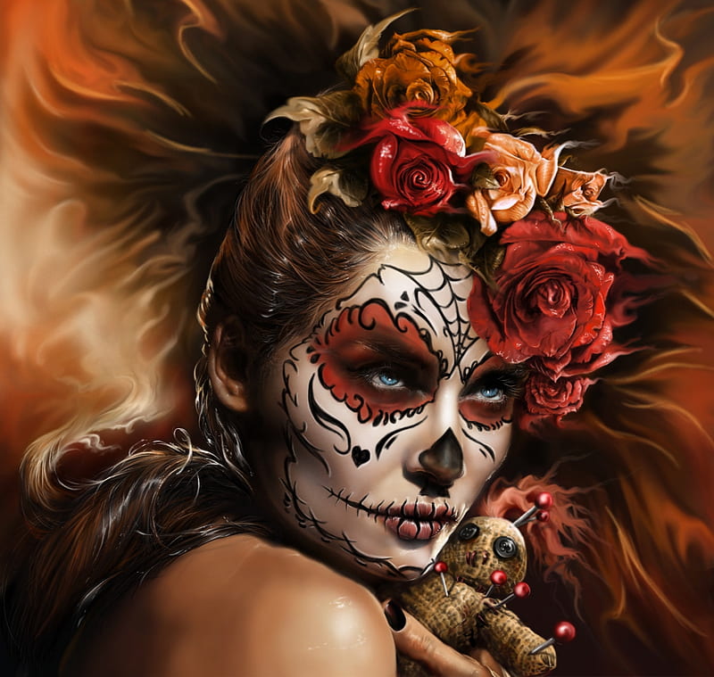 La Catrina, sugar skull, luminos, halloween, dia de los muertos, candice swanepoel, fantays, doll, fantasy, karolina klein, flower, santa muerte, catrina, face, skull, HD wallpaper