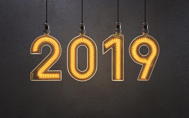 2019 year, creative art, Incandescent light bulb, Happy New Year, 2019 concepts, electric lamps, light, HD wallpaper
