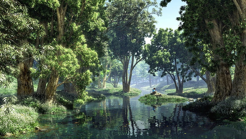 A Place of Solace, pond, forest, CGI, boy, 3D, dream, lake, landscape, HD wallpaper