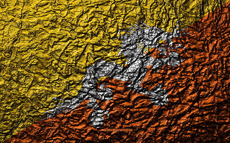 Flag of Bhutan stone texture, waves texture, Bhutan flag, national symbol, Bhutan, Asia, stone background, HD wallpaper