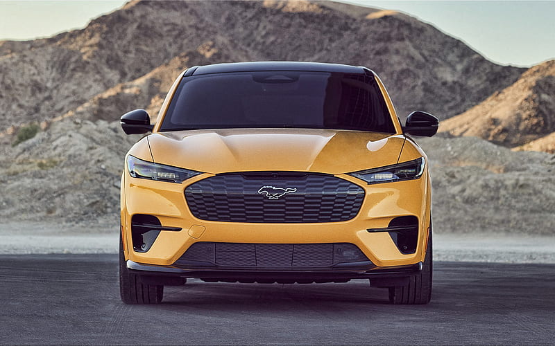 Ford Mustang Mach-E, 2021, front view, exterior, electric SUV, new yellow Mustang Mach-E, electric cars, Ford, HD wallpaper