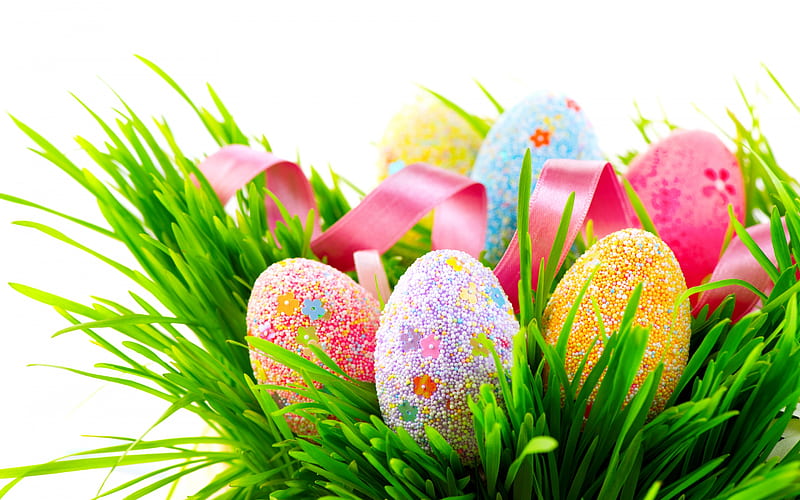 Easter decorative eggs, spring, pink ribbon, Easter, green grass, HD wallpaper