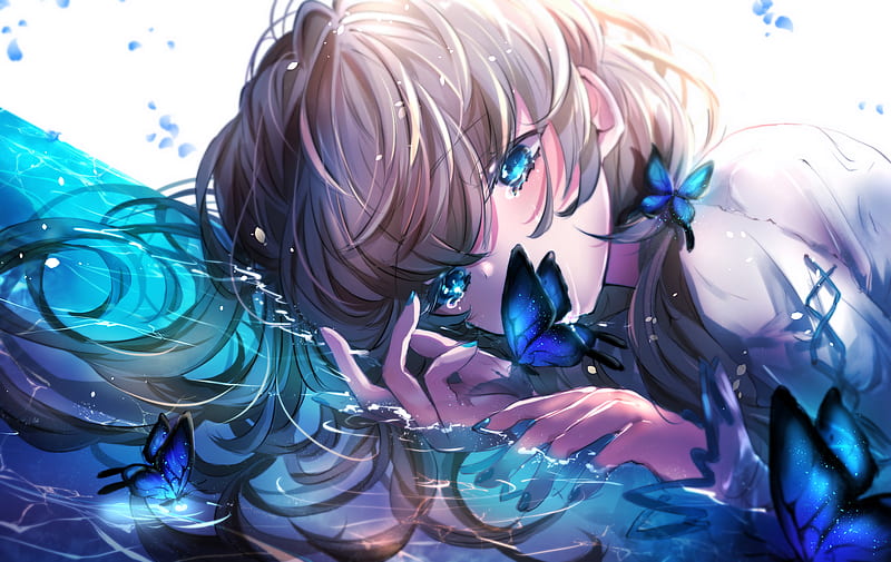 Anime, Original, Blue Eyes, Butterfly, Girl, Water, HD wallpaper | Peakpx