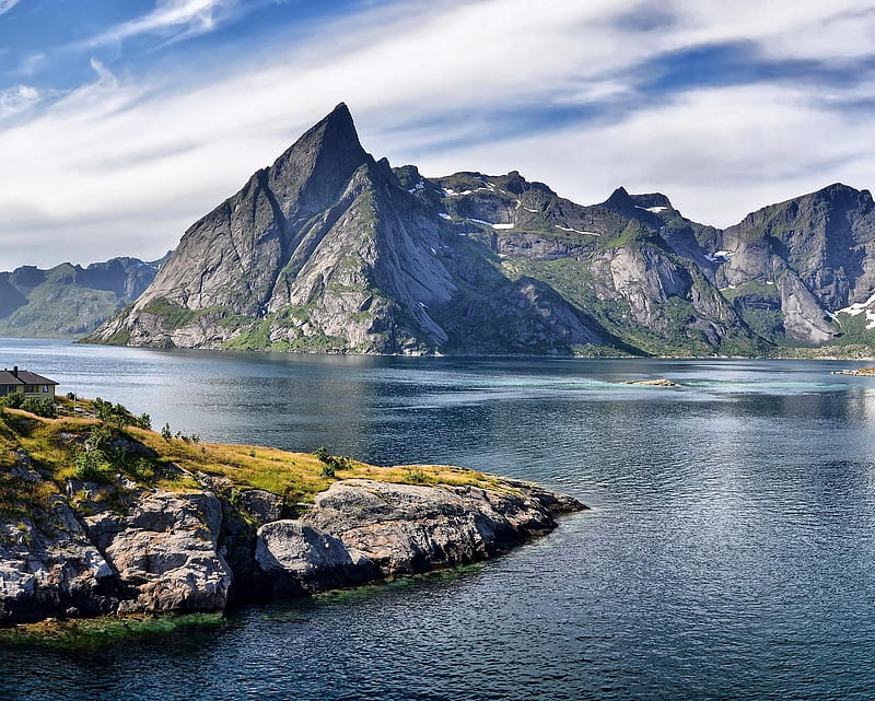 Mountains, island, lake, lakeside, mountain, peak, HD wallpaper