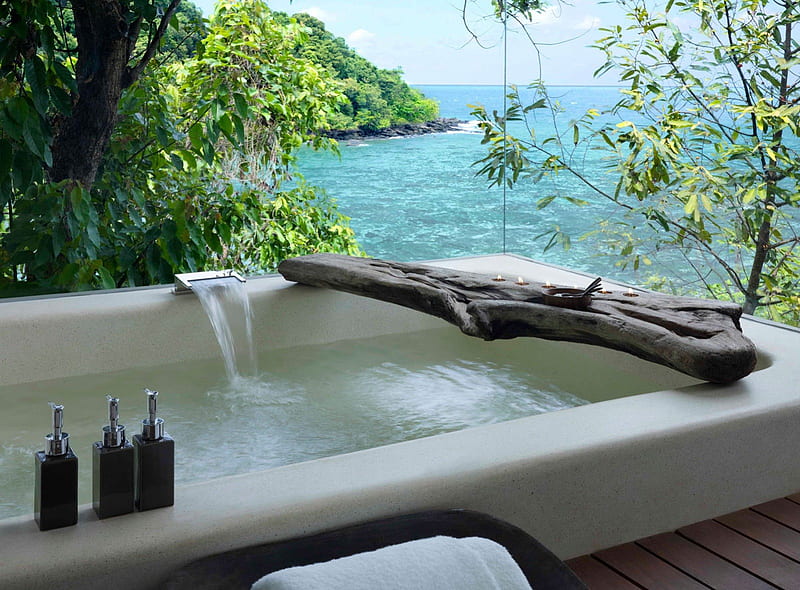 Relaxing Jacuzzi Bath overlooking the Ocean, polynesia, french, bath, sea, beach, lagoon, bora bora, sand, hot, luxury, blue, exotic, ocean, hawaii, relax, south, tub, water, paradise, bathe, jacuzzi, tahiti, relaxing, tropical, hawaiian, HD wallpaper