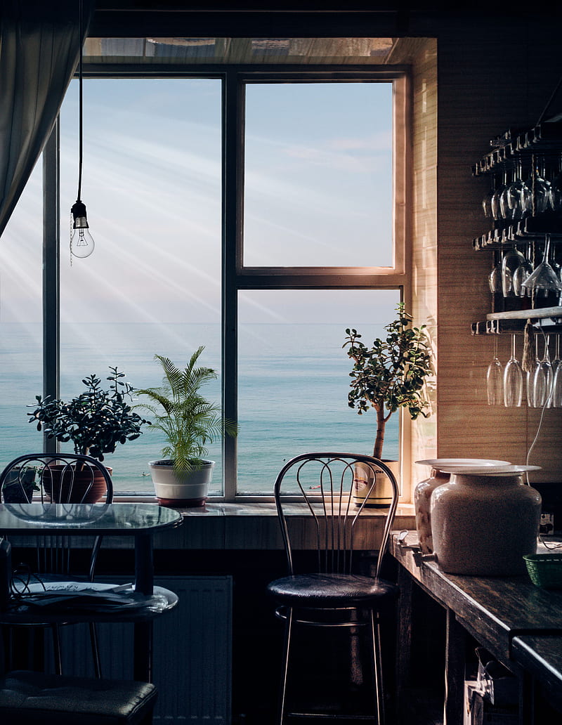 black bar stool near glass window, HD phone wallpaper
