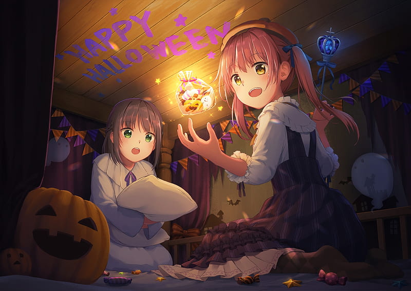 anime girls, halloween, pumpkin, creepy, dark, cookies, Anime, HD wallpaper