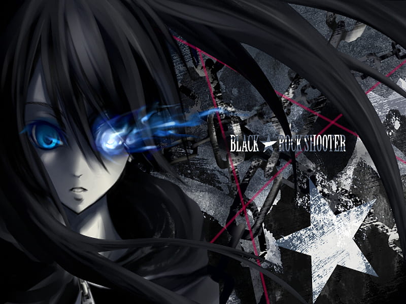 Black★Rock Shooter, rock, cape, black rock shooter, close-up, hot, face, anime girl, star, black hair, text, chain, female, shooter, twintails, sexy, growing blue, cool, dark, growing eye, HD wallpaper