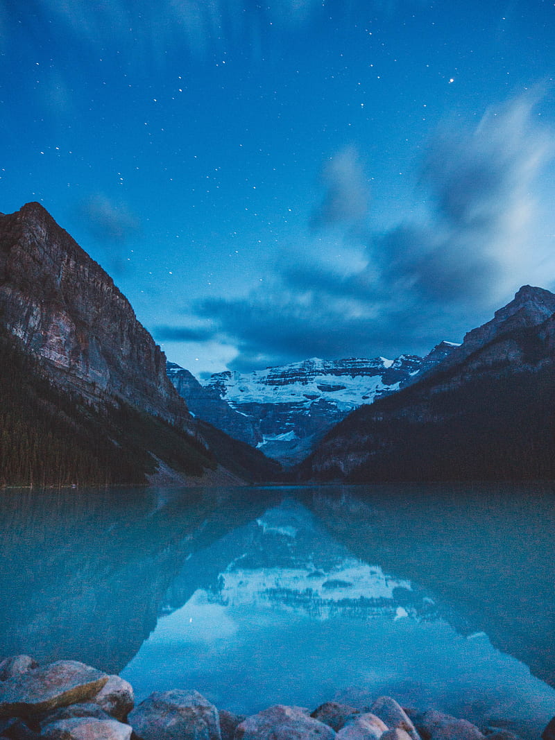 mountains, lake, night, dark, landscape, HD phone wallpaper