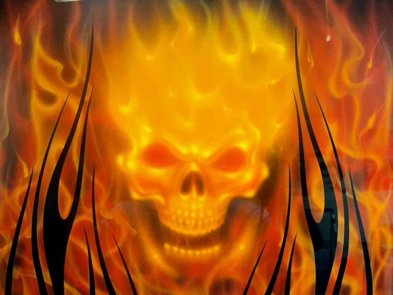 SKULL IN FLAMES, airbrush, red, skull, flames, HD wallpaper