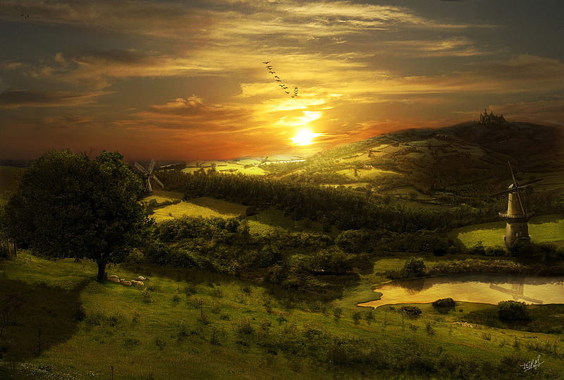 Dreamland, hills, town, birds, sunset, abstract, lake, fantasy, forests, mills, HD wallpaper