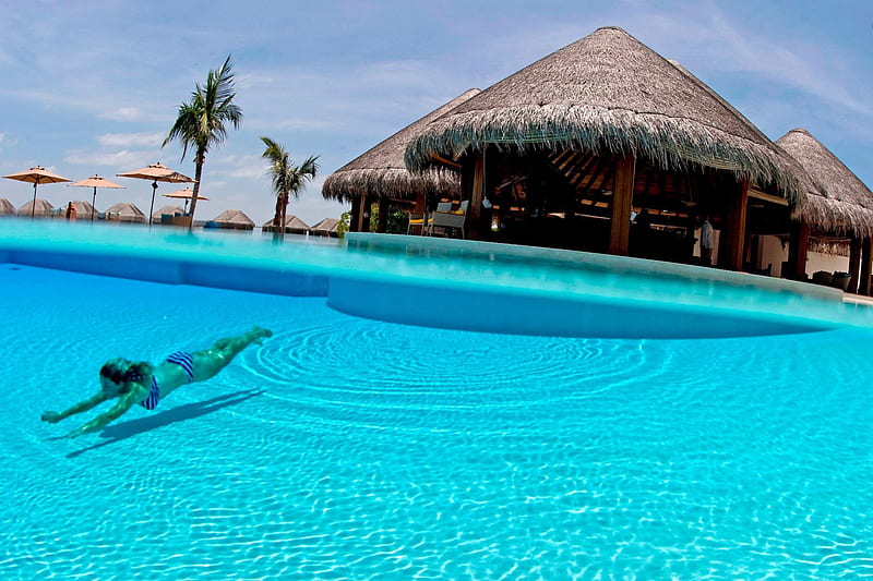 Clear Blue Azure Swimming Pool South Polynesia, polynesia, dive, snorkel, atoll, lagoon, maldives, bora bora, blue, scuba, clear, swimming pool, pacific, south, tub, paradise, swim, jacuzzi, crystal, island, tahiti, tropical, HD wallpaper