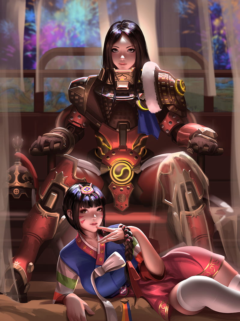 D.Va (Overwatch), Overwatch, Blizzard Entertainment, video games, video game characters, video game girls, women, looking at viewer, brunette, long hair, brown eyes, sitting, armor, ponytail, braided hair, kimono, thigh-highs, lying on side, video game art, artwork, drawing, digital art, illustration, fan art, realistic, Liang Xing, Liang-Xing, people, HD phone wallpaper