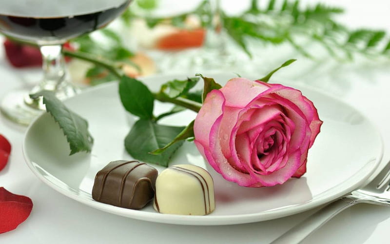 pink rose & chocolate for tea party, pink rose, still life, chocolate, flowers, tea party, HD wallpaper