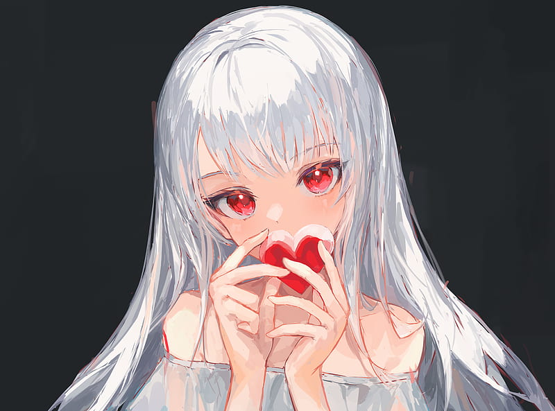 Anime, Girl, Grey Hair , Heart , Red Eyes, HD wallpaper