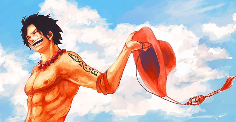 Portgas D. Ace, male, shirtless, portgas d ace, clouds, one piece, ace, hat, anime, lone, HD wallpaper