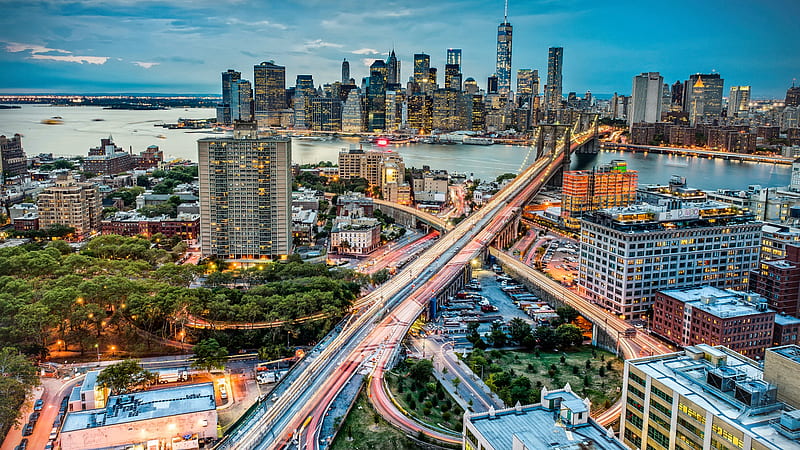 Aerial View Of Architecture Bridge Cityscape Buildings River And Panorama Road New York, HD wallpaper
