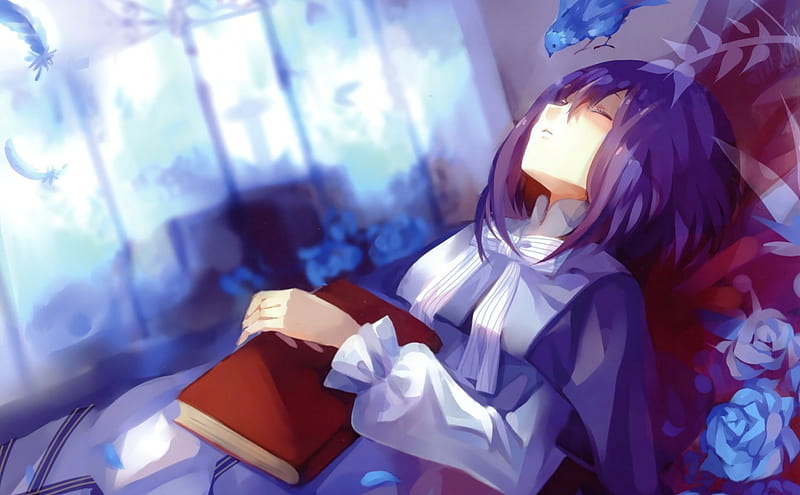 Book of Choice, red, study, sleep, book, roses, short, sleeping, cute, hair, girl, purple, anime, blue, HD wallpaper
