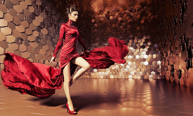 High Fashion Model in Red, brunette, runway, red, lovely, model, gown, fashion, Metallic background, HD wallpaper