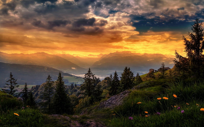 switzerland, mountains, sunset, lake, evening, alps, forest, HD wallpaper