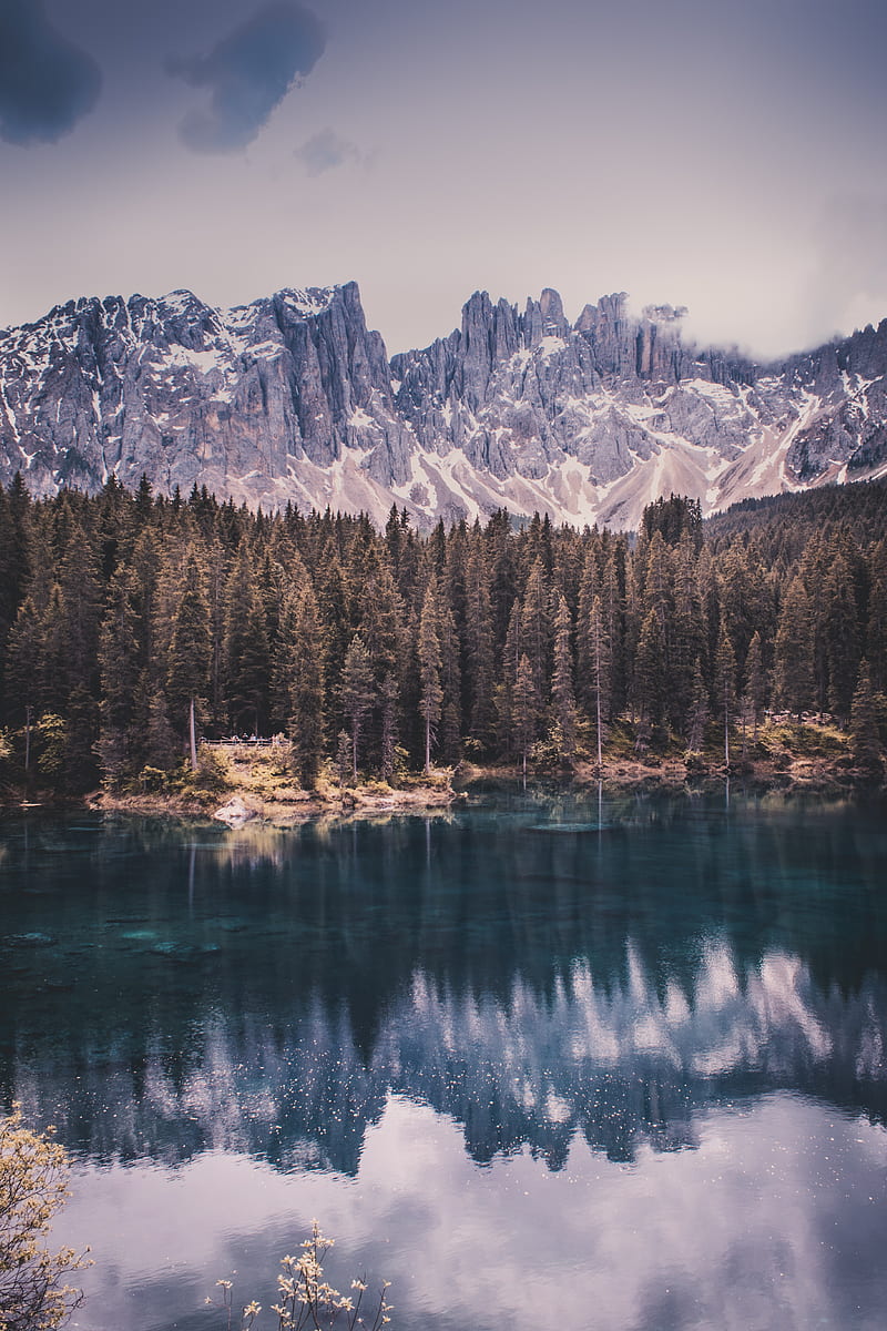 mountains, lake, trees, reflection, sky, HD phone wallpaper