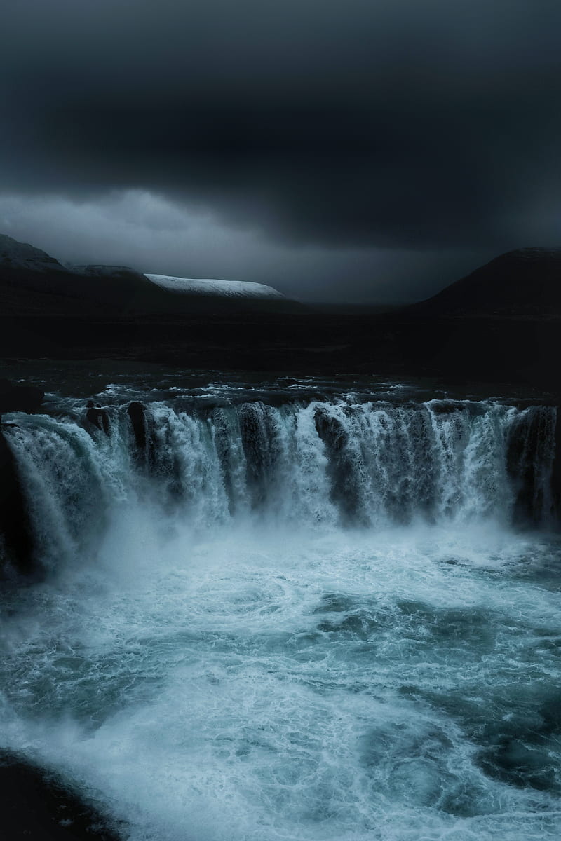 waterfall, flow, fog, dark, overcast, HD phone wallpaper