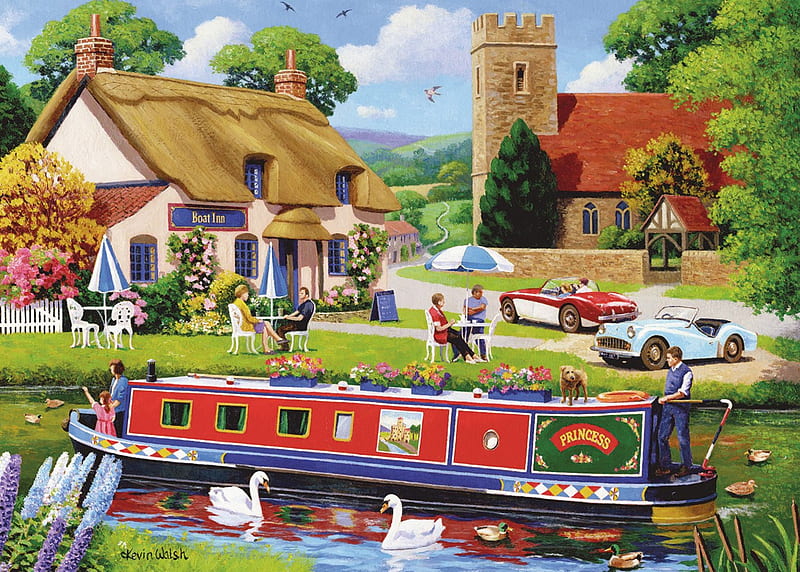 The Good Live, carros, boat, cottage, people, painting, river, swans, artwork, HD wallpaper